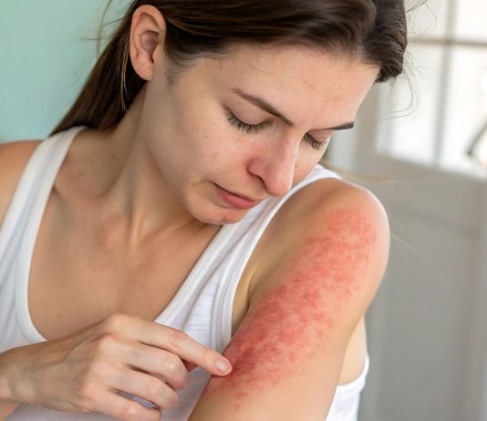 Dermatologie : ensemble, faire entendre la voix des patients Woman examining red rash on arm skin irritation allergy reaction